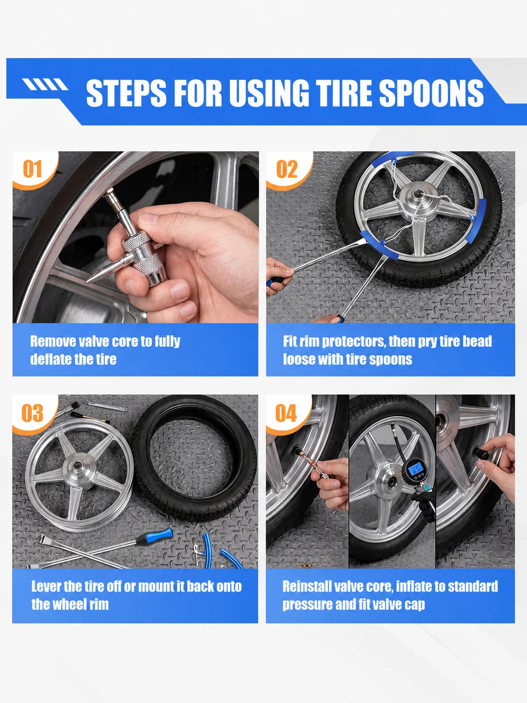 15 Inch Tire Spoons Kit 24PCS – Motorcycle & Dirt Bike Tire Changing Tool Kit – Rim Protectors, Valve Core Tool & Valve Stem Caps – $48