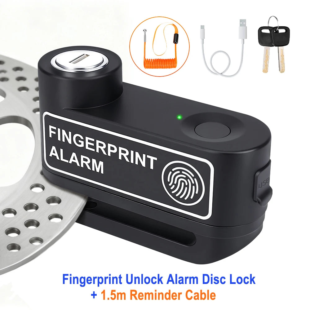 Extractme Motorcycle Alarm Disc Brake Lock Security Moto Wheel Disk Padlock Waterproof 120dB Anti-Theft – Fingerprint / Combination / Charging Style – USB-C – 7mm – With or Without Rope