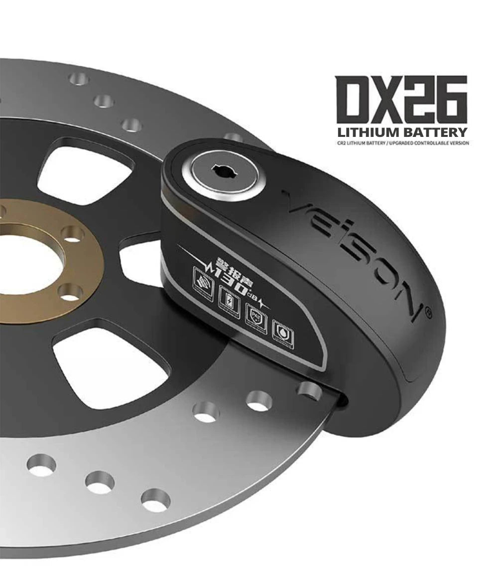 DX26 Motorcycle Waterproof Alarm Lock Bicycle Disc Lock Intelligent Controllable Alarm Disc Brake Lock Electric Car Lock – Stainless Steel – 0.5kg – Black Yellow Gold