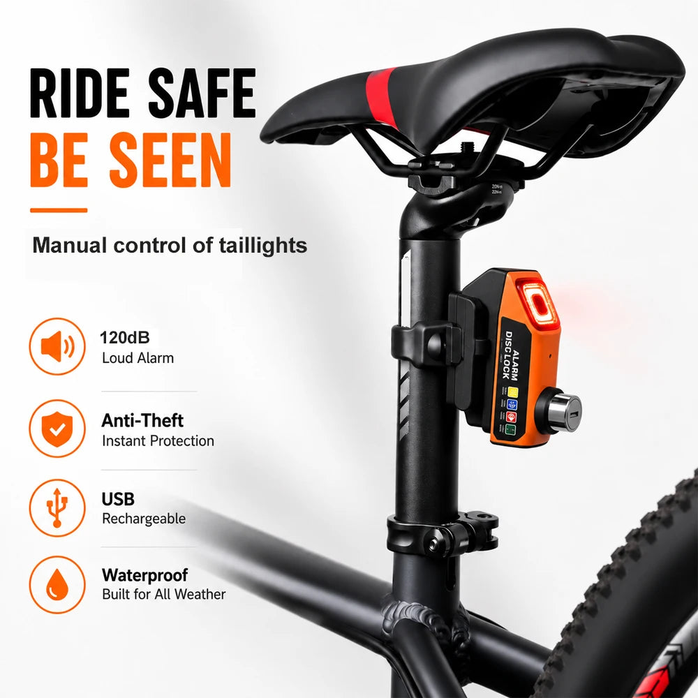 MDUG Motorcycle Alarm Disc Brake Lock 120dB Loud Anti-Theft Security Moto Wheel Disk Padlock Waterproof USB Rechargeable LED Light Bracket – IPX6 – Solo or Set – Blue Red Orange Yellow Black