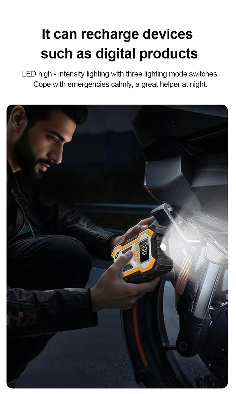 Motorcycle Jump Starter with Air Compressors LCD Screen 30000mAh Portable Booster Charger 7000A Powerful Motorcycle Battery Starting Device
