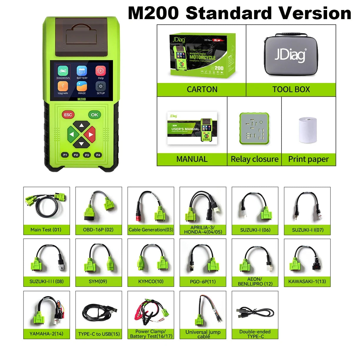 JDiag M200 Professional Motorcycle Diagnostic Scanner – Built-in Printer – 70+ Brands – Signal Simulator – Battery + Injector Test – $235–398