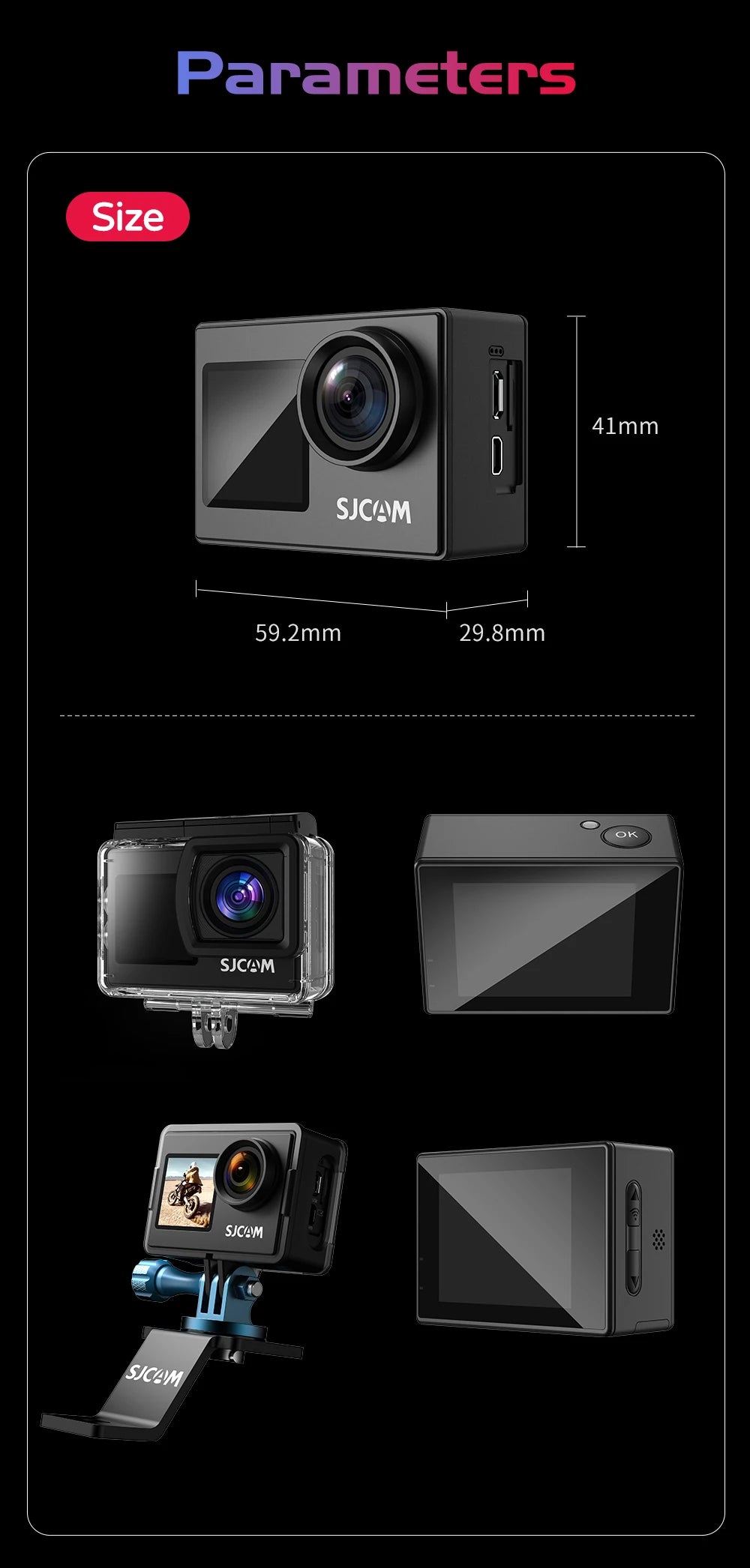 SJCAM SJ4000 Dual Screen 4K 30fps Action Camera 2.0" Rear + 1.3" Front Screen 170° Wide-Angle 30M Waterproof 2.4G WiFi Anti-Shake Car Mode Loop Recording Sports Camera for Motorcycle Bicycle Helmet Diving