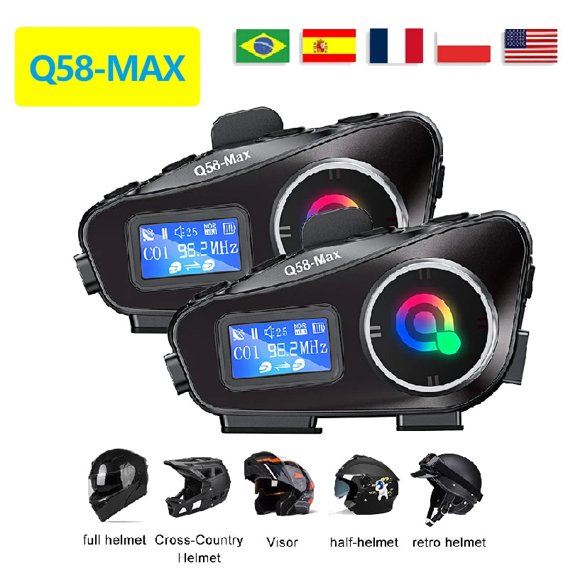 Q58 Max Motorcycle Bluetooth Intercom – 500m Helmet Communication