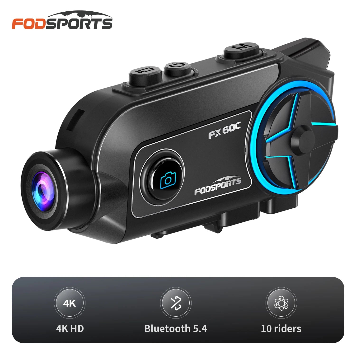 Fodsports FX60C Motorcycle Bluetooth Intercom – 4K Camera & 10-Rider