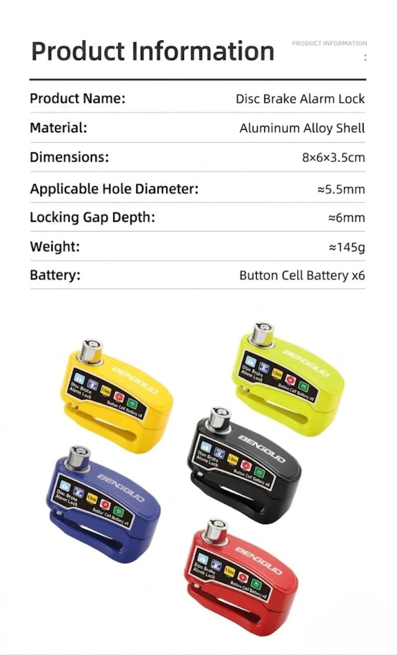 Alarm Disc Lock Anti-Theft 110dB Waterproof Motorcycle Disc Brake Lock Aluminum Alloy with Reminder Cable for Scooter Bike Parts – Vibration Alarm – 0.22kg – Red Yellow Green Black Blue – With or Without Rope