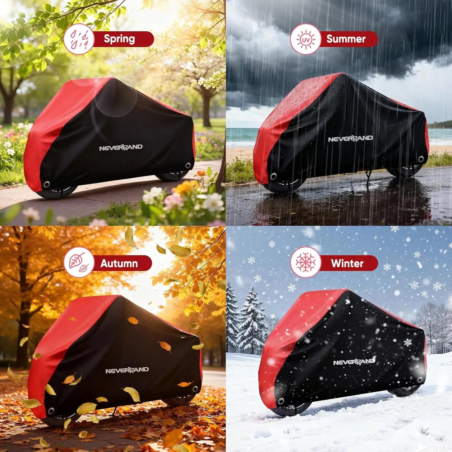 NEVERLAND Motorcycle Cover Waterproof Outdoor Heavy Duty with 2 Lock Holes All Season Indoor Outdoor Universal Motors Cover – 300D Oxford Cloth PU 1500Pa Red Adjustable Elastic Band 1 Year Warranty