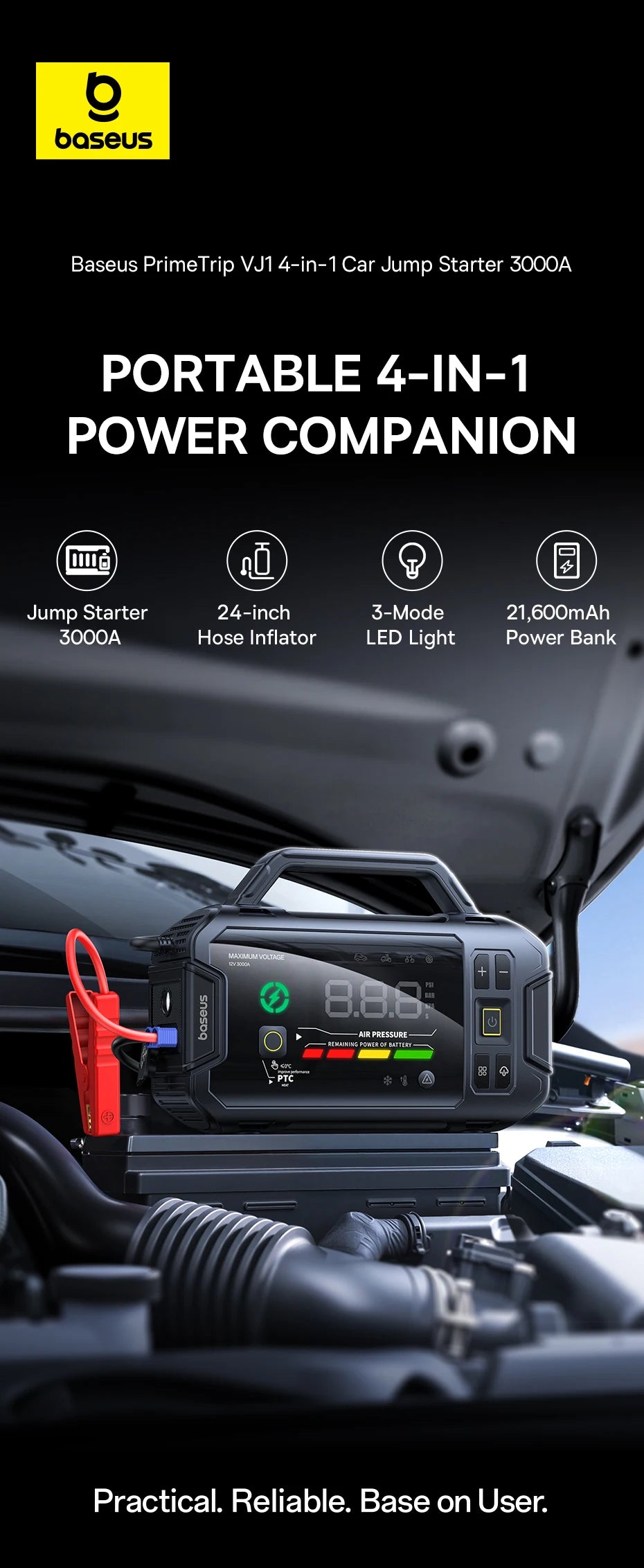 Baseus PrimeTrip VJ1 Motorcycle Jump Starter 3000A 4-in-1 with 150PSI Air Compressor 21600mAh Power Bank Patented PTC Heating LED Light