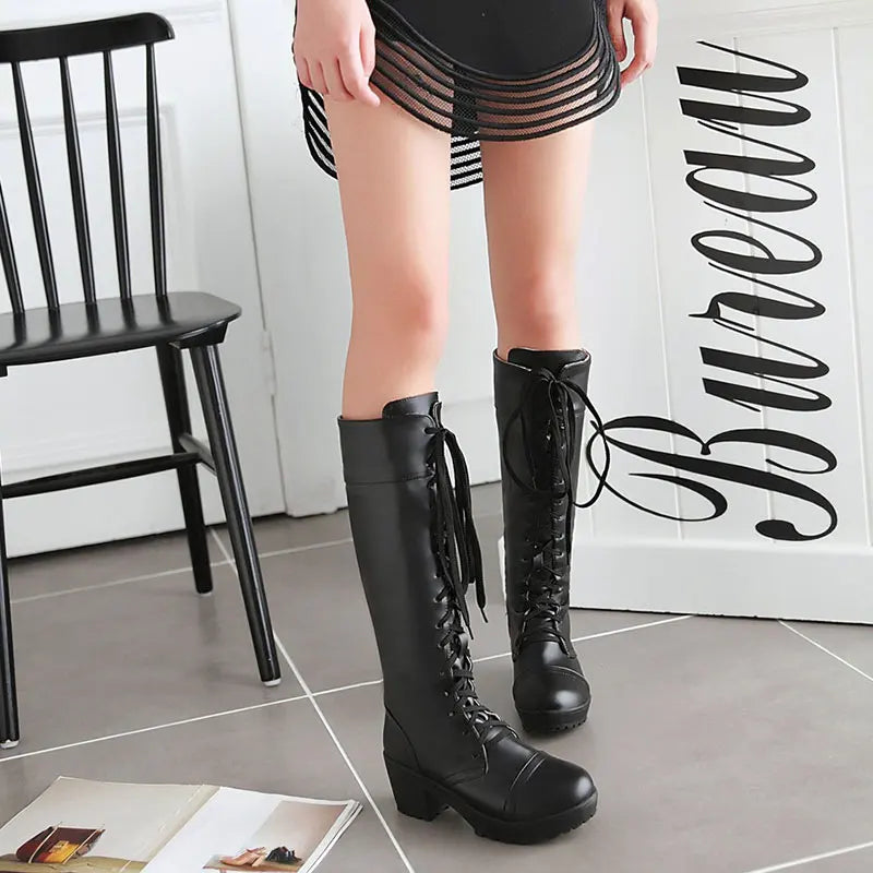 Riding Boots – Women’s Knee-High Motorcycle Boots, Lace-Up Gothic Platform with Side Zipper