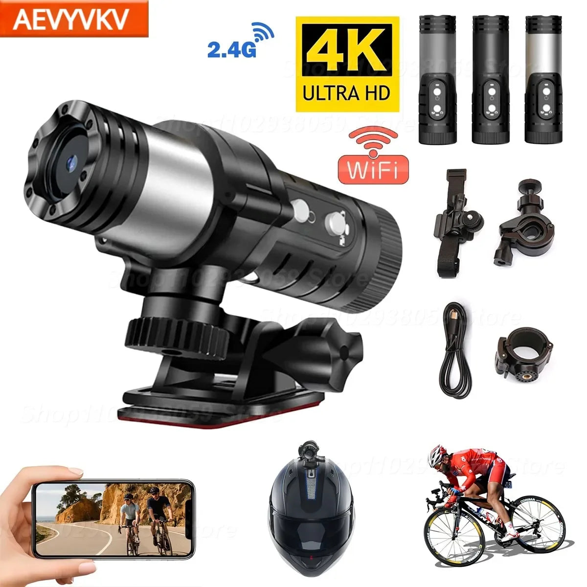 DIXSG 4K / 1080P WiFi Sports Action Camera IP66 Waterproof EIS Anti-Shake H.265 120° Wide-Angle No Screen Record While Charging Motion Detection Bicycle Motorcycle Helmet Cam Camcorder