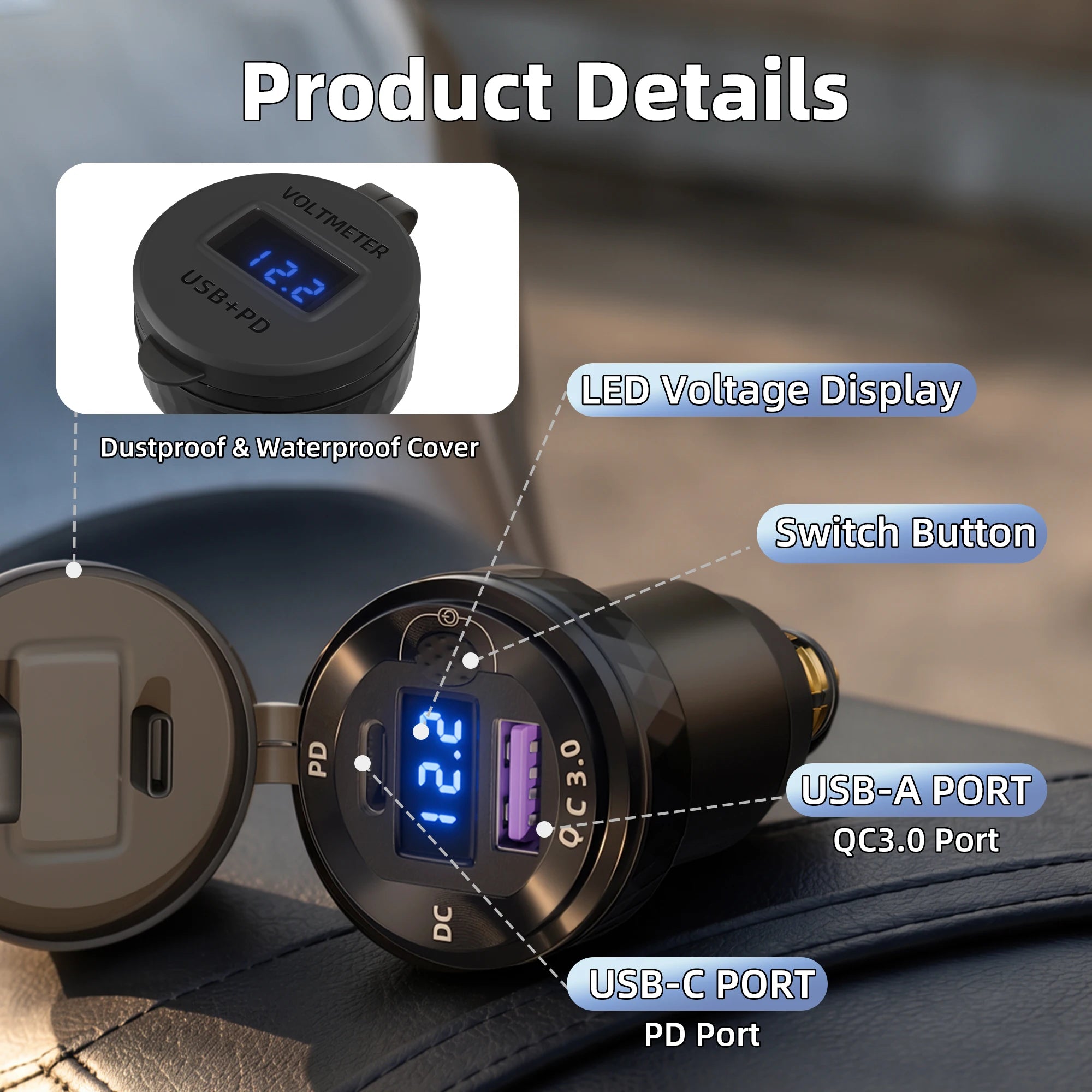 Waterproof DIN/Hella USB Motorcycle Charger Adapter – QC Powerlet Phone Charger with Blue LED for BMW, Triumph Tiger & Ducati