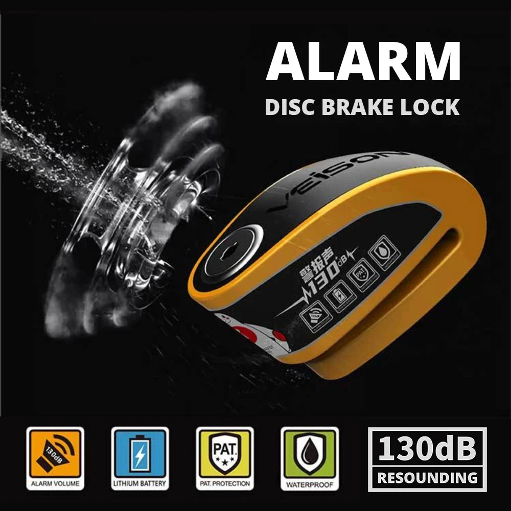 DX26 Motorcycle Waterproof Alarm Lock Bicycle Disc Lock Intelligent Controllable Alarm Disc Brake Lock Electric Car Lock – Stainless Steel – 0.5kg – Black Yellow Gold