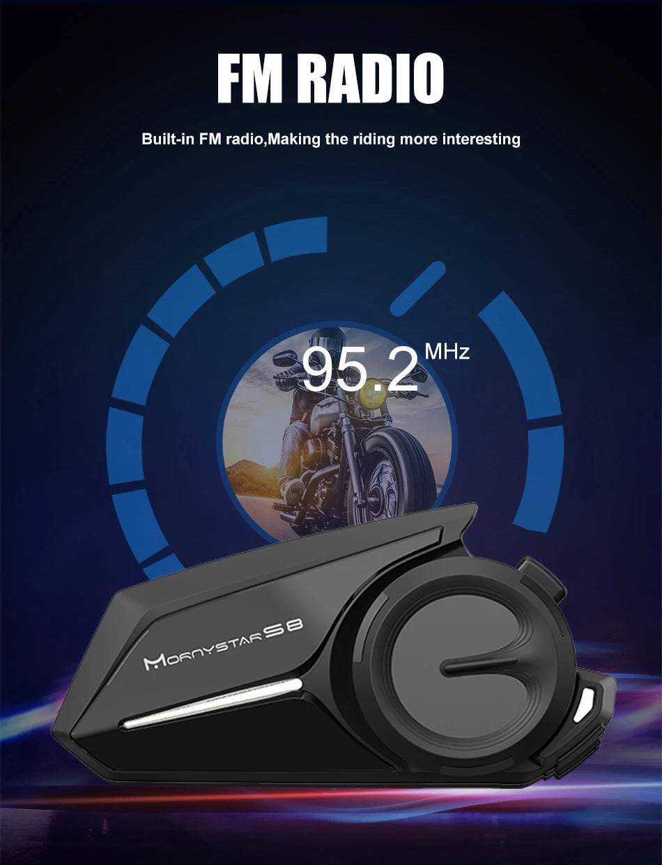 Mornystar S8 Motorcycle Bluetooth Intercom – 6-Rider Music Sharing
