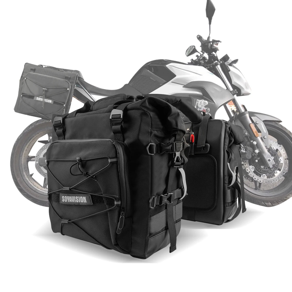 SOYAVISION Motorcycle Saddlebag Waterproof Side Bag 20L 500D Polyester Travel Motorbike Luggage Rear Seat Bag for BMW R1200GS ADV Kawasaki Yamaha Honda Suzuki – Black (1PC / 2PC)
