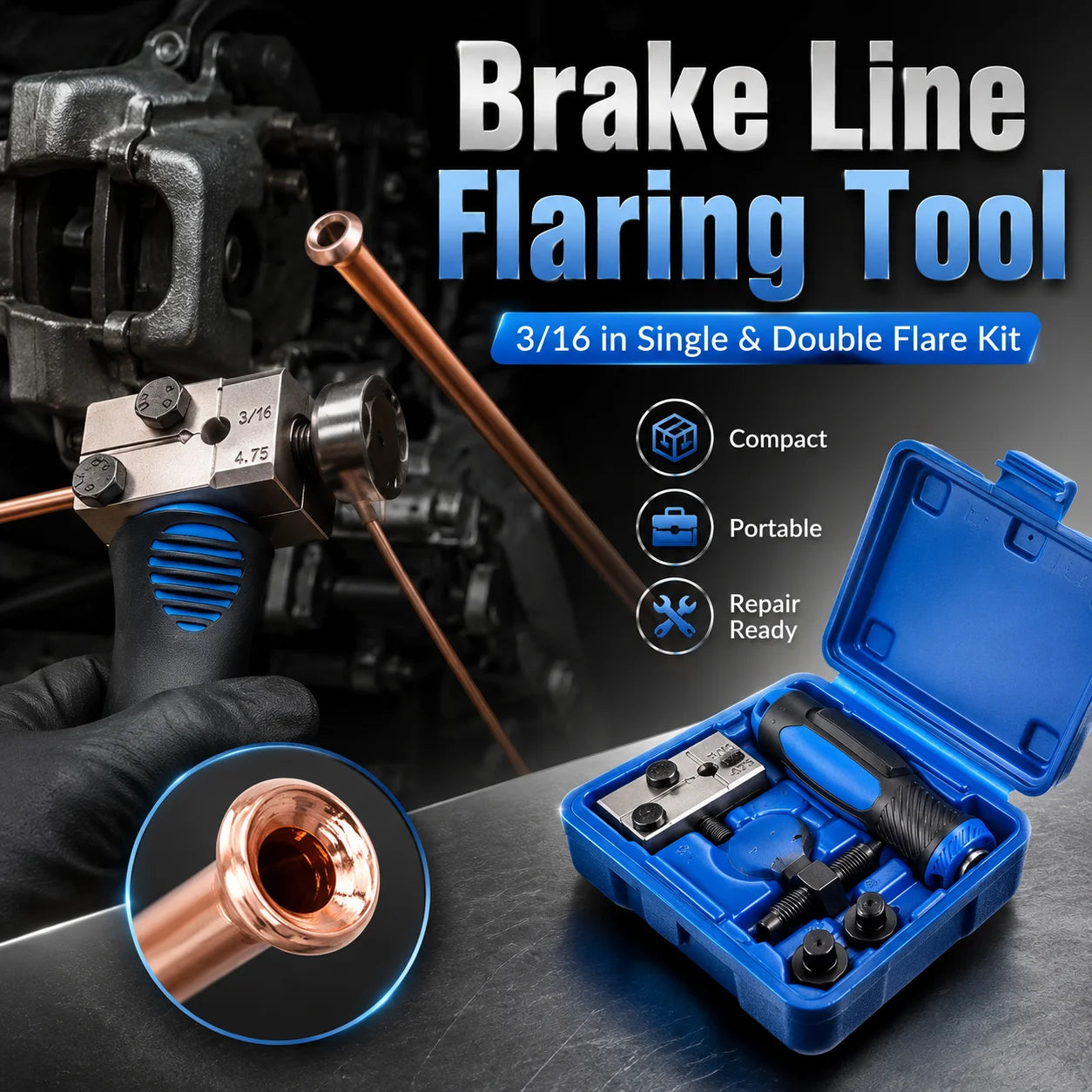 Professional 3/16" Brake Pipe Flaring Tool Kit – Brake Line Tools – Single and Double Flare Brake Line Repair Kit for Car Motorcycle Truck – 490g – $37