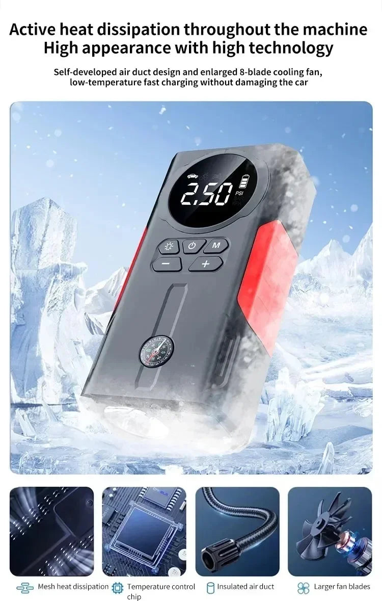 12V Jump Starter & Air Pump – 1800A Multi-Function Tire Inflator, LED SOS Light & Power Bank for Car, Motorcycle & Bicycle