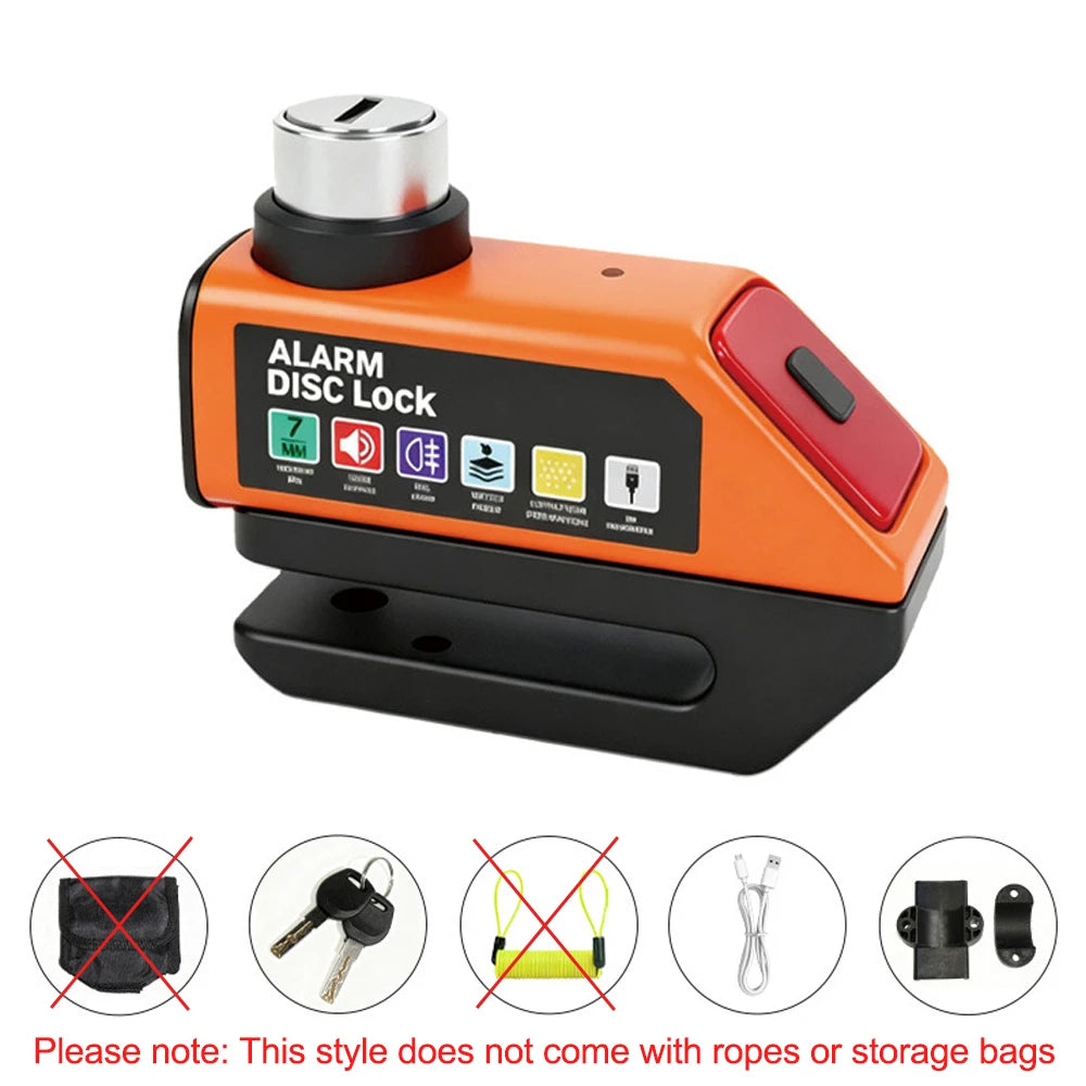 MDUG Motorcycle Alarm Disc Brake Lock 120dB Loud Anti-Theft Security Moto Wheel Disk Padlock Waterproof USB Rechargeable LED Light Bracket – IPX6 – Solo or Set – Blue Red Orange Yellow Black