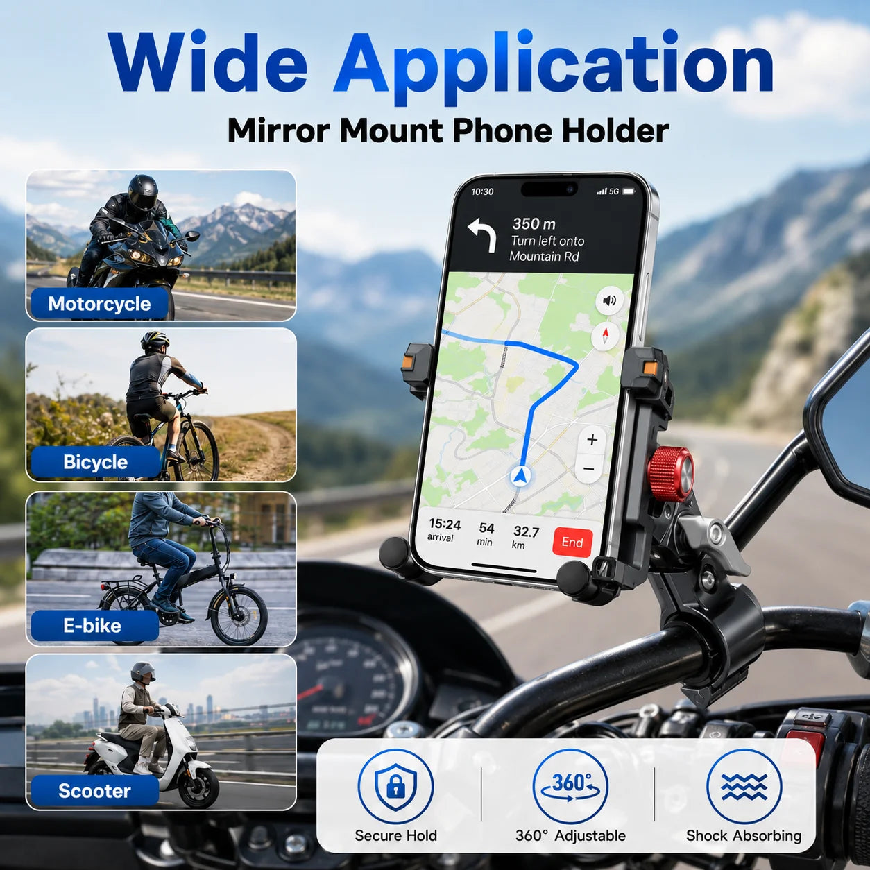 Aluminum Alloy Motorcycle Phone Mount – Mirror-Mount Shockproof 360° GPS Holder for Scooters & E-Bikes