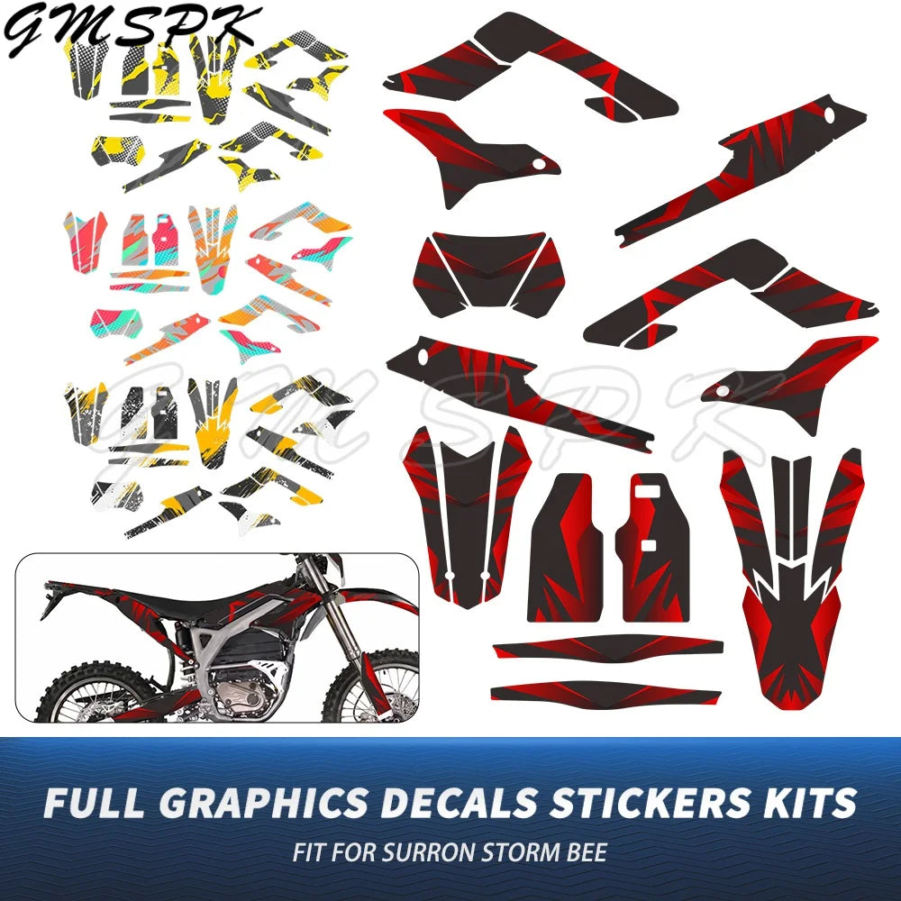 Motocross Team Graphics Background Decal Sticker Kits for Sur-Ron Storm Bee 2023–2024 – Custom Number & Name – PVC – 24 Styles – Glossy / 3D – $70–$92