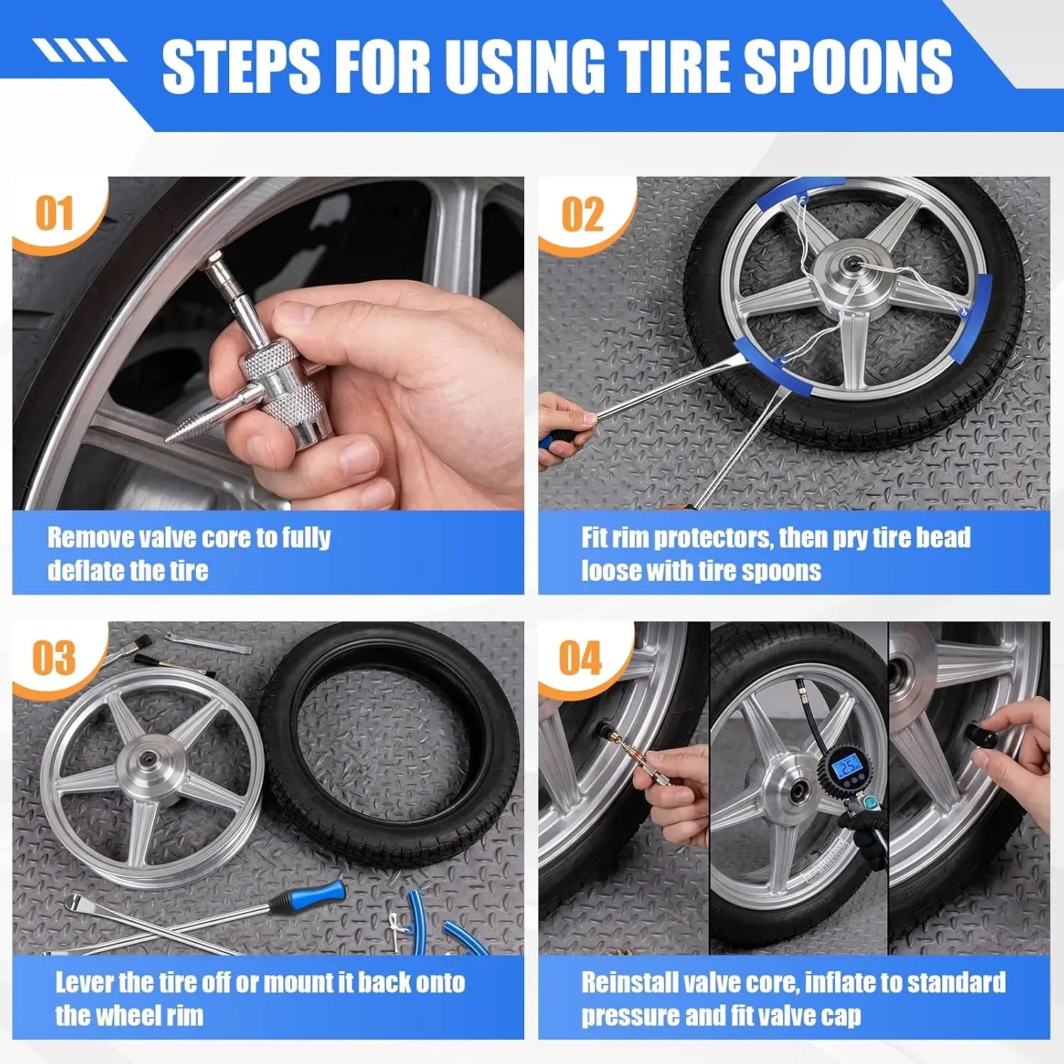 15 Inch Tire Spoons Kit 24PCS – Motorcycle & Dirt Bike Tire Changing Tool Kit – Rim Protectors, Valve Core Tool & Valve Stem Caps – $48