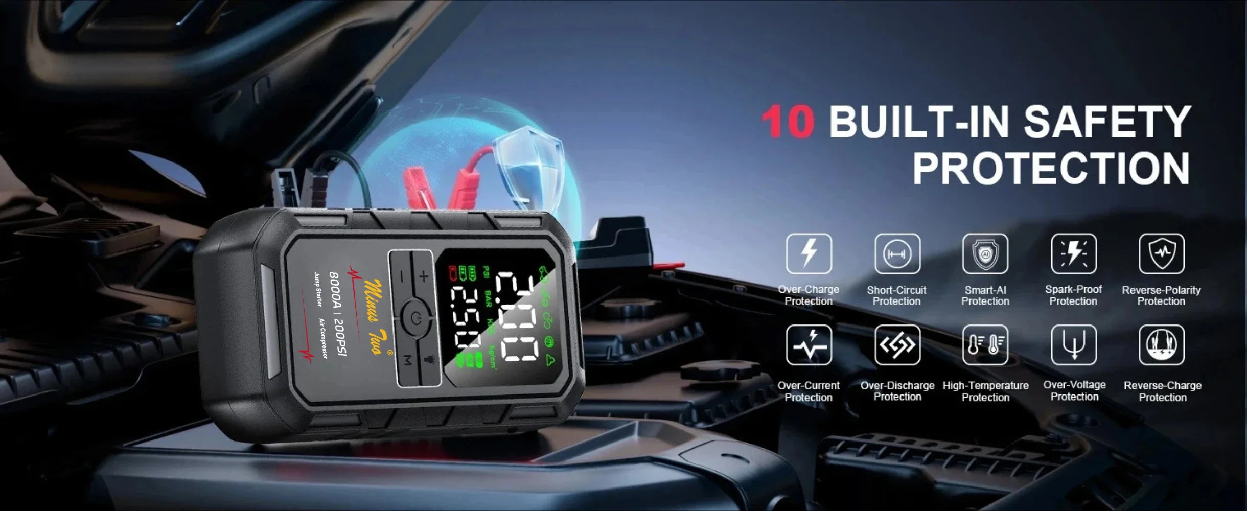 Motorcycle & Bike Jump Starter 4000A with 200PSI Air Compressor Auto Tyre Inflator Large LCD Display LED Light 12V