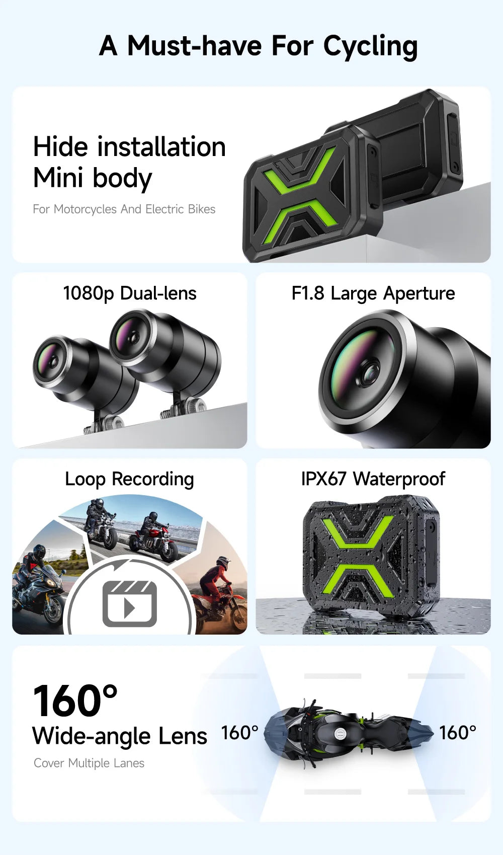 JIUYIN M802 Motorcycle Dash Cam Dual 1080P WiFi IPx67 Waterproof F1.8 Starlight Night Vision 160° Dual Image Stabilization Parking Monitor Front Rear Motorcycle Camera DVR