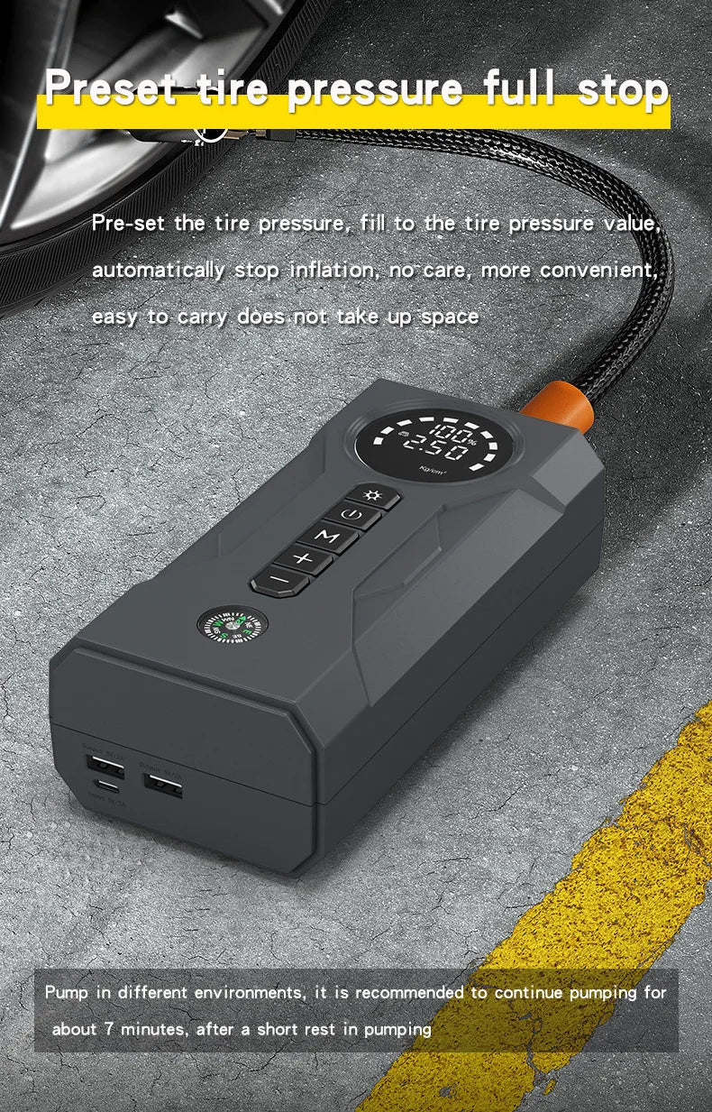 Portable 4-in-1 Car Jump Starter – 2000A Peak, 16000mAh Power Bank, Air Compressors & LED Light for Truck & Motorcycle