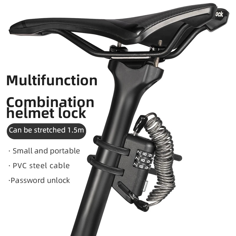Rockbros Helmet Lock Anti-Theft Mini Bicycle Lock 3-Digit Password Lock Ultralight Flexible Bike Lock Motorcycle Helmet Lock – Model 907 1.5m PVC Steel Cable Two Ways to Use Black
