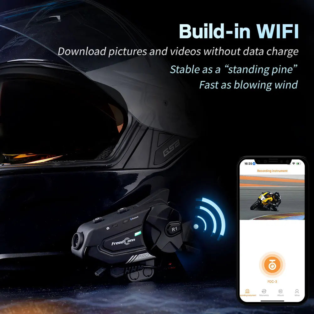 FREEDCONN R1 Pro Motorcycle Bluetooth Intercom – 6-Rider 2K Dash Cam