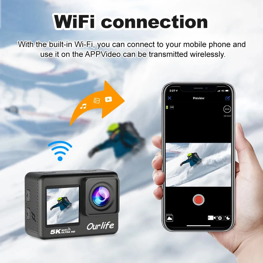 OURLIFE 5K Action Camera 4K60FPS 48MP Sony Sensor 2.0" Touch Screen WiFi EIS 170° Wide-Angle 30M Waterproof Remote Control Sports Camera for Bicycle Motorcycle Diving Outdoor