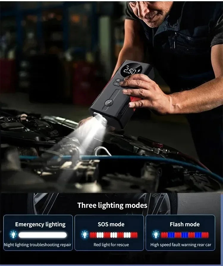 12V Jump Starter & Air Pump – 1800A Multi-Function Tire Inflator, LED SOS Light & Power Bank for Car, Motorcycle & Bicycle