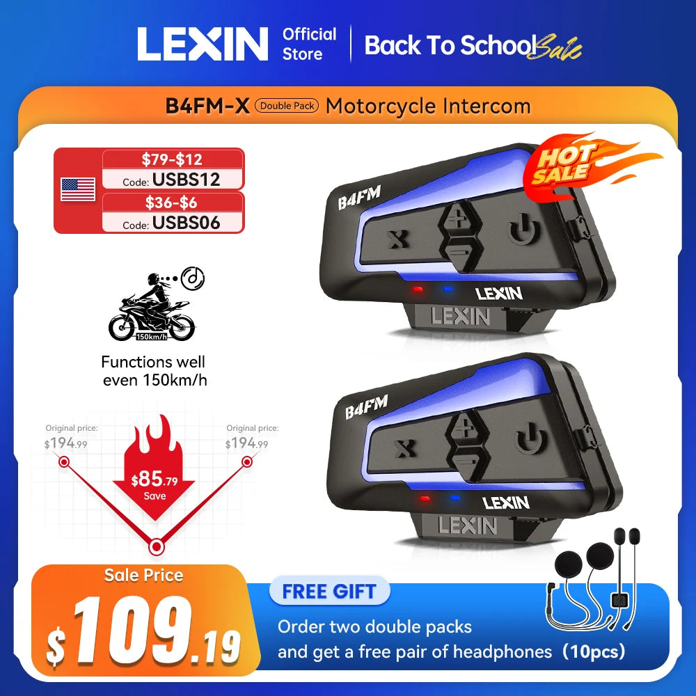 LEXIN B4FM-X Motorcycle Bluetooth Intercom – 10-Rider Music Sharing