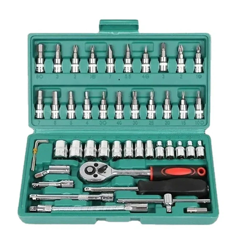 46-Piece 1/4" Drive Socket Ratchet Wrench Set – Chromium Vanadium Steel – Motorcycle / Car / Bicycle Repair – 3 Colors – $28