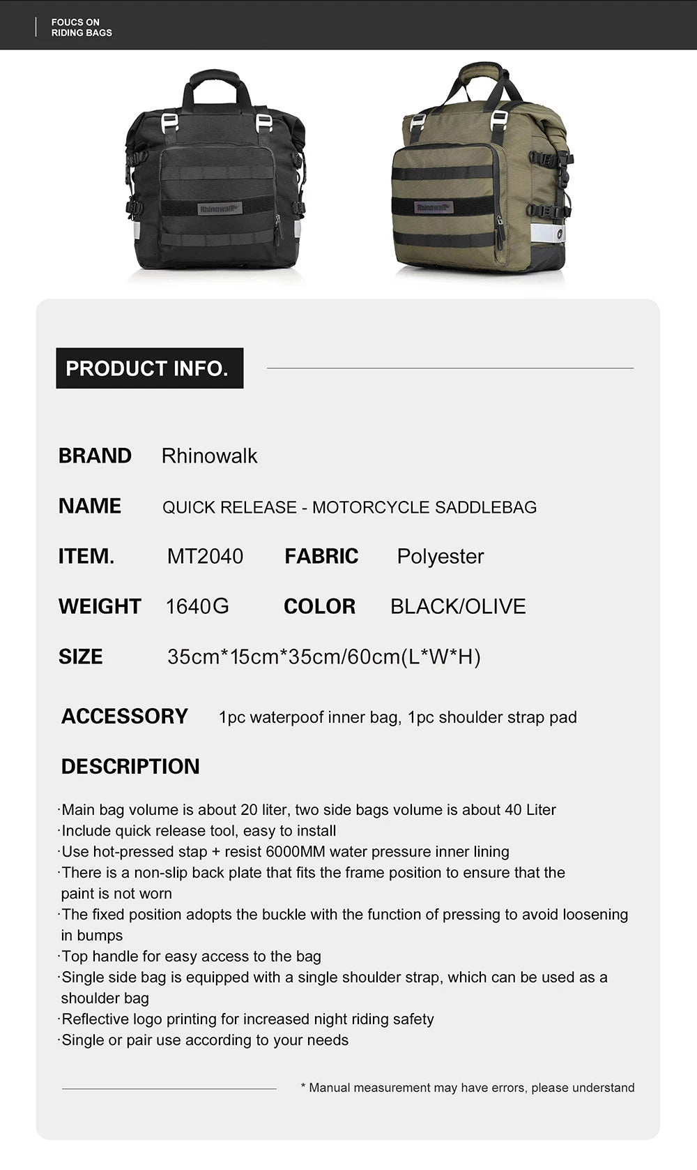 Rhinowalk Motorcycle Side Saddle Bag 20L Universal with Removable 100% Waterproof Inner Bag Motorbike Travel Luggage Accessories – Black / Olive (1PC)