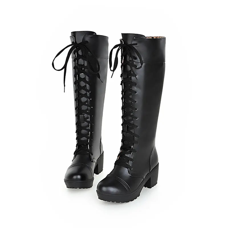 Riding Boots – Women’s Knee-High Motorcycle Boots, Lace-Up Gothic Platform with Side Zipper