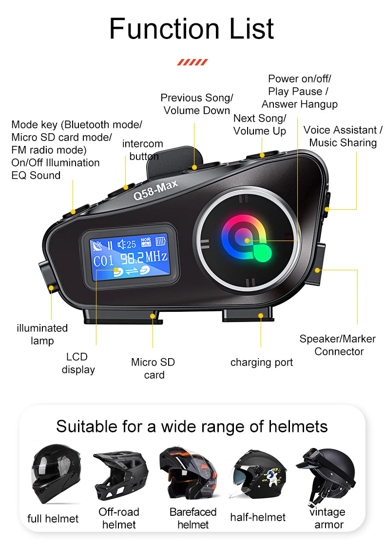Q58 Max Motorcycle Bluetooth Intercom – 500m Helmet Communication