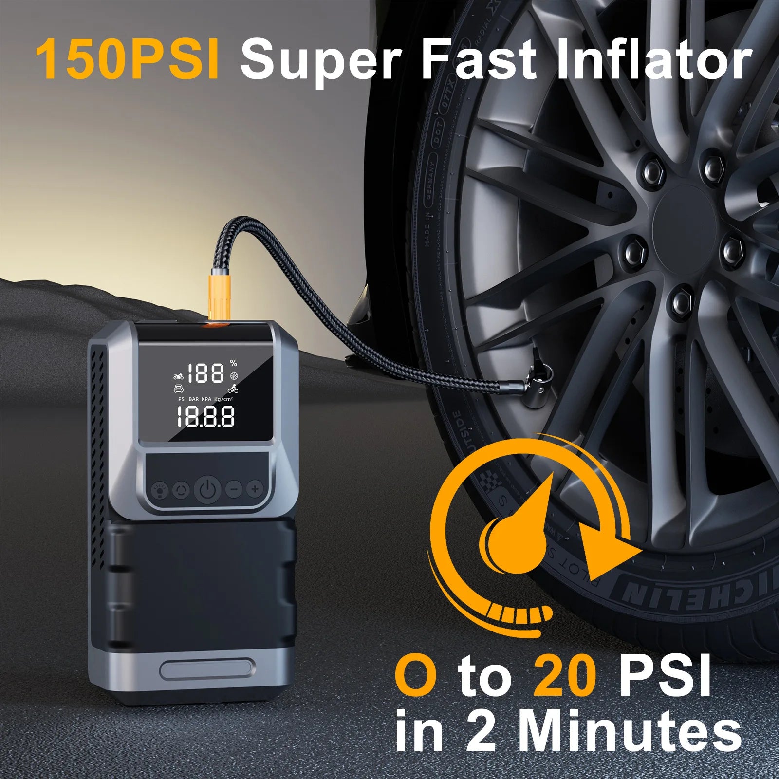 Rscrola CQS03 Motorcycle & Bike Jump Starter 5000A with 150PSI Air Compressor Auto Tyre Inflator Large LCD Display LED Light 12V