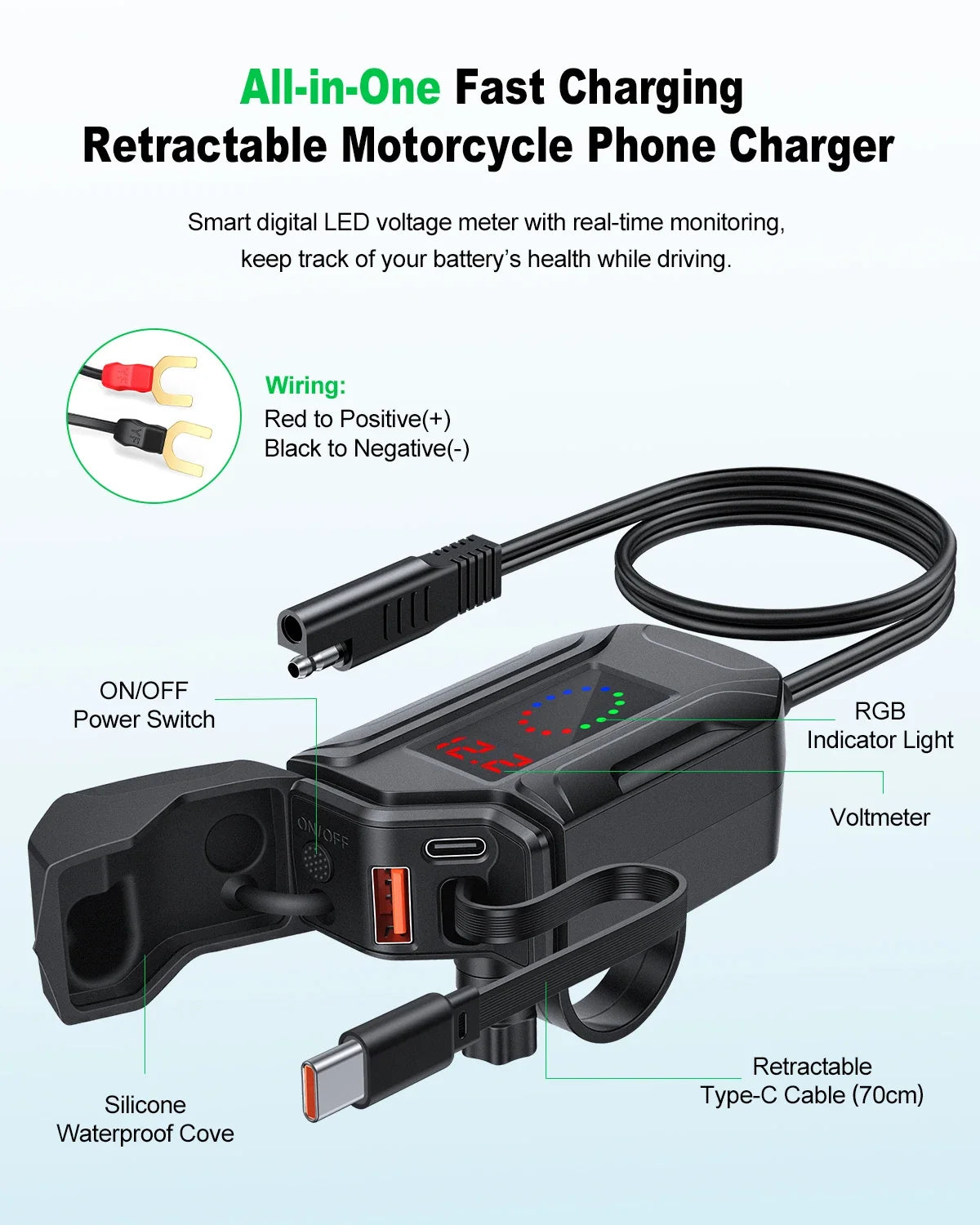 Extractme 12V–24V 3-Port Motorcycle Fast Charger – QC3.0, 30W PD & 18W USB-A Retractable IP65 Waterproof Charger