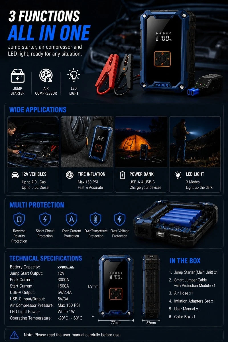 Rscrola Motorcycle Jump Starter 3000A with 150PSI Air Compressor Tyre Inflator Portable Power Bank LED Light 12V for Motorcycle SUV Truck