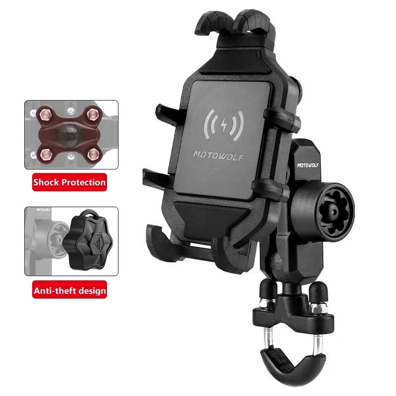 Motorcycle Wireless Charging Phone Mount – QC 3.0 Fast Charger GPS Handlebar Holder for 4–7" Phones