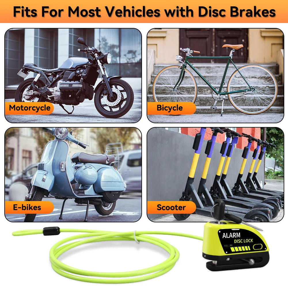 Extractme Motorcycle Alarm Disc Brake Lock 120dB Bicycle Wheel Disk Padlock Security Anti-Theft Lock Scooter – USB-C Rechargeable – 7mm – With or Without Rope – Red Black Blue Green Yellow