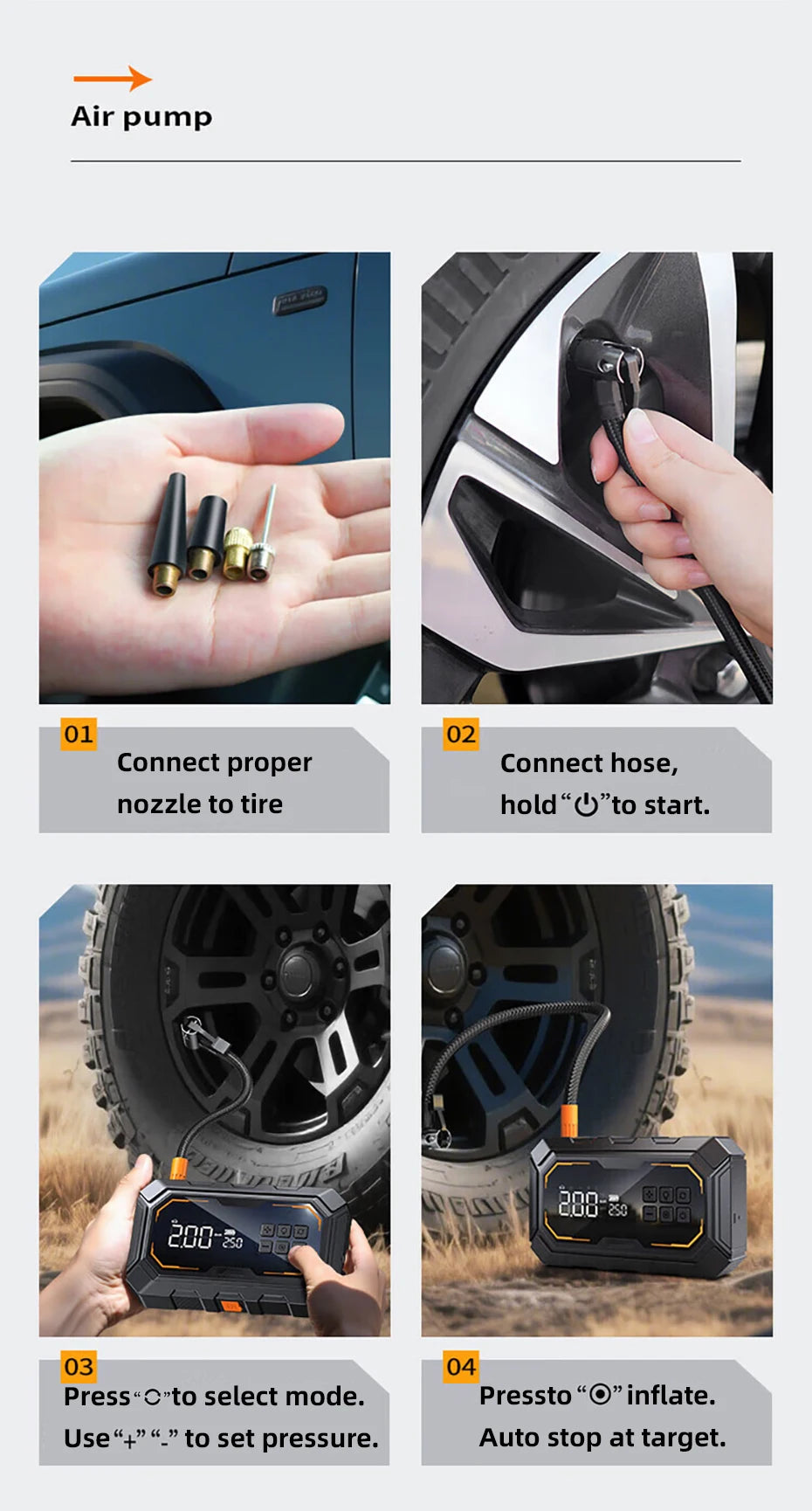 Motorcycle Jump Starter with Air Compressor 150PSI Tyre Inflator 4-in-1 Emergency Battery Booster Power Bank LED Flashlight 12V