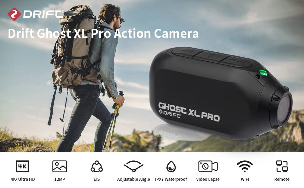 Drift Ghost XL PRO 4K WiFi IPX7 Waterproof Motorcycle Camera Helmet Cam 140° 300° Lens 3000mAh Live Stream Vlog Dash Cam Motorcycle Camera for Motorcycle Bicycle Outdoor