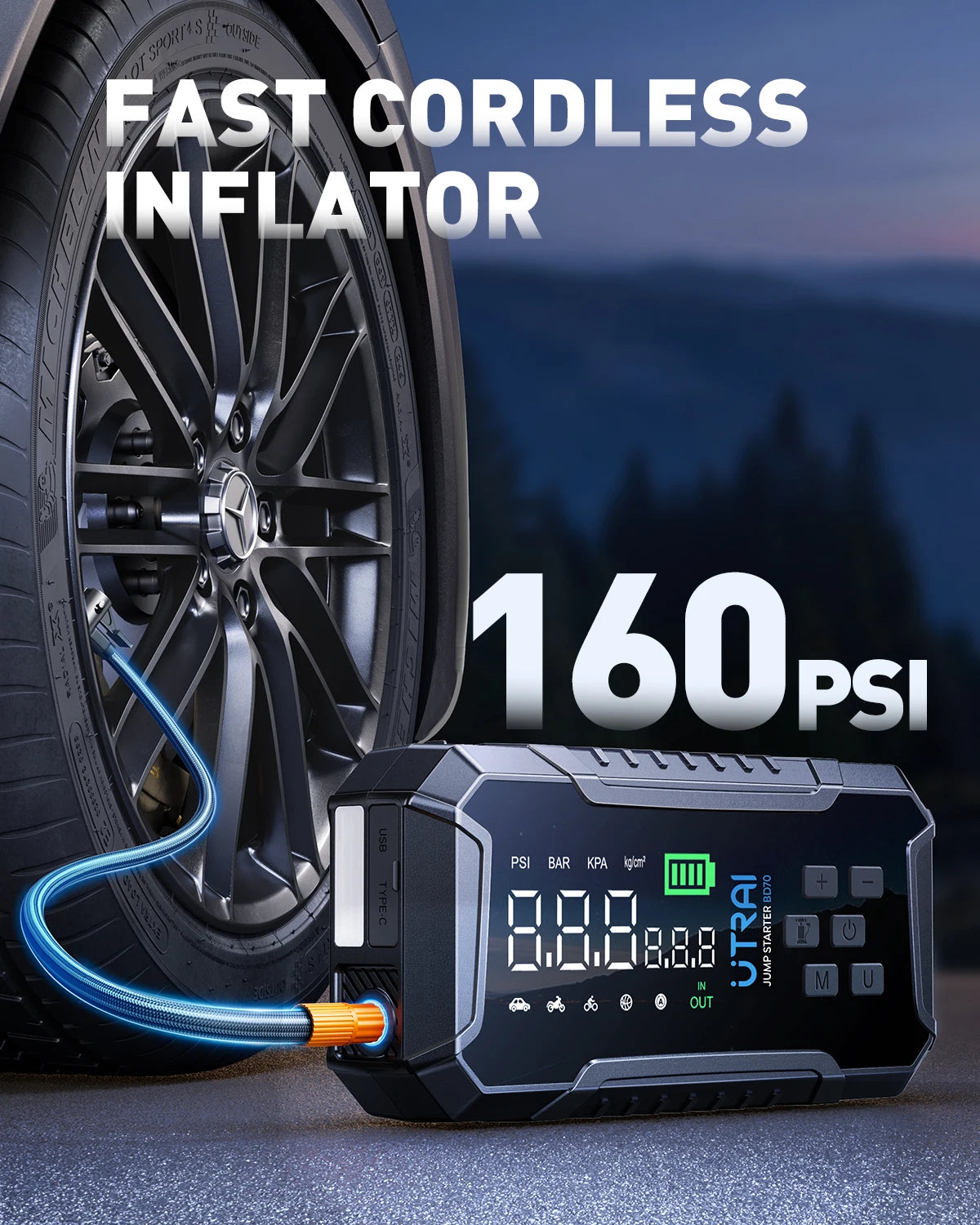 UTRAI BD70 Motorcycle Jump Starter 4000A with 160PSI Air Compressor 16000mAh Portable Power Bank Emergency Battery Booster Starting Device