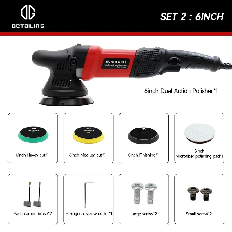 DETAILING North Wolf 900W Dual Action Car Polisher – 15mm / 21mm Orbit – 5" / 6" Pad – 6-Speed – 110V US / 220V EU – Machine Only or Set – CE Certified – $171–305