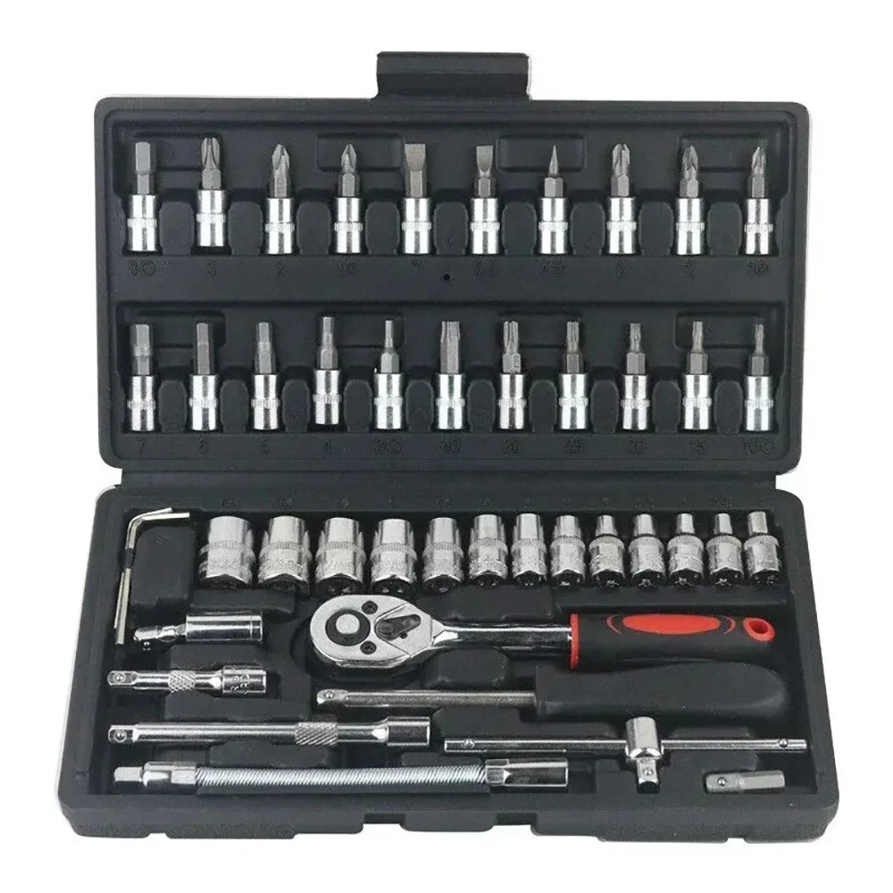 46-Piece 1/4" Drive Socket Ratchet Wrench Set – Chromium Vanadium Steel – Motorcycle / Car / Bicycle Repair – 3 Colors – $28
