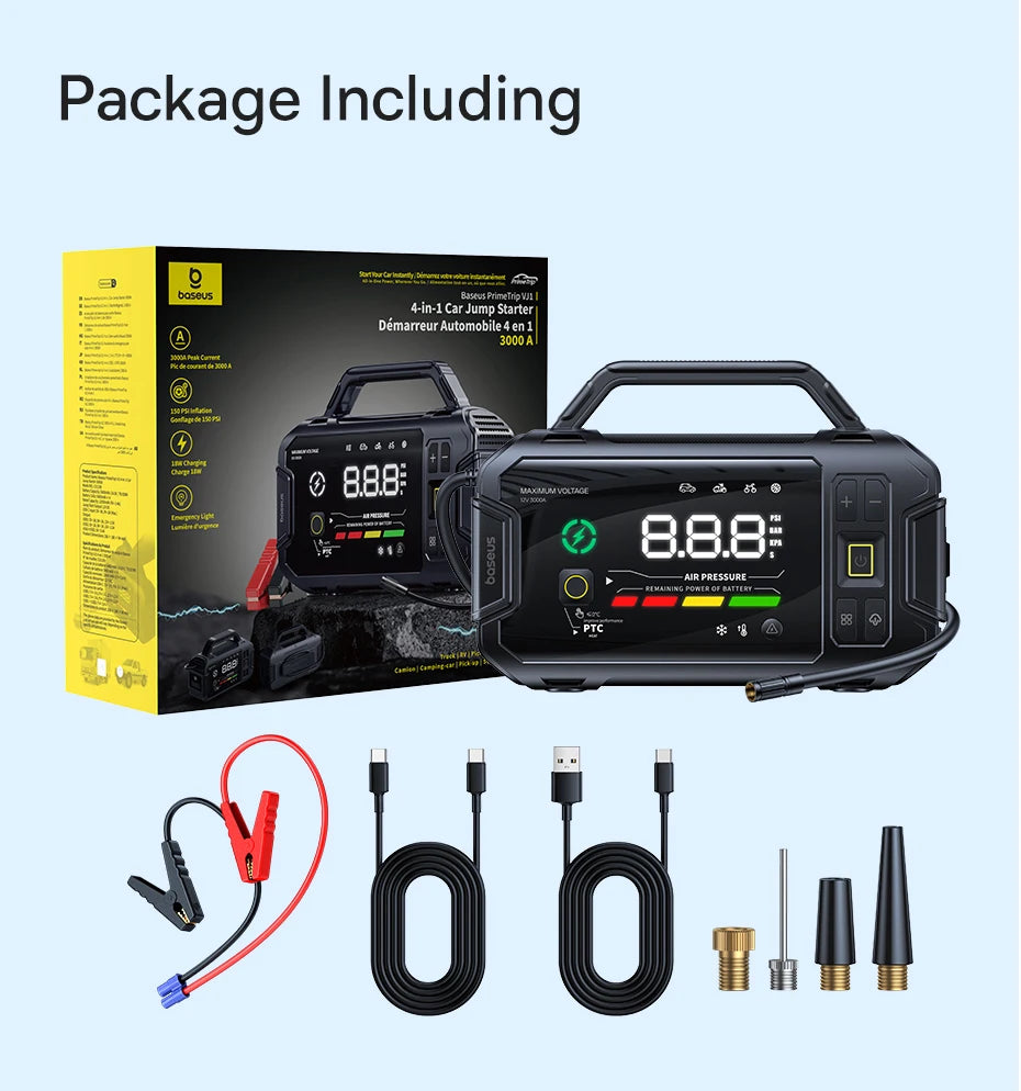 Baseus PrimeTrip VJ1 Motorcycle Jump Starter 3000A 4-in-1 with 150PSI Air Compressor 21600mAh Power Bank Patented PTC Heating LED Light
