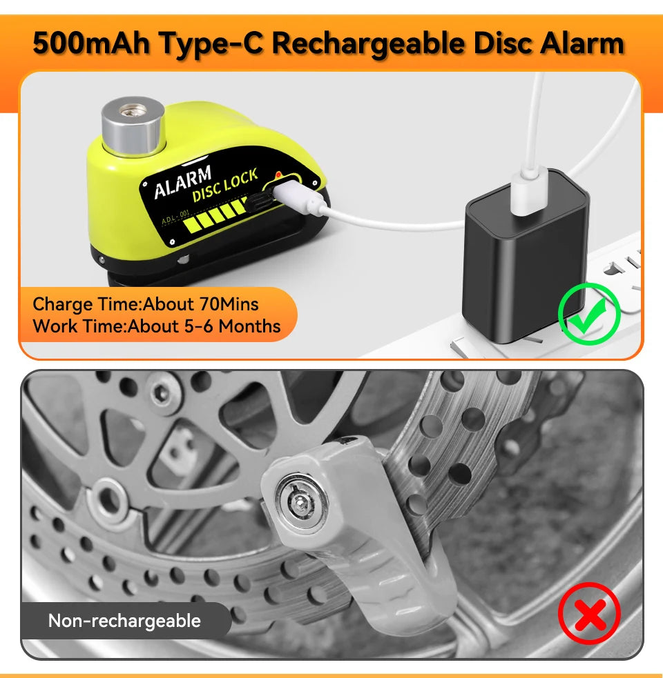 Extractme Motorcycle Alarm Disc Brake Lock Security Moto Wheel Disk Padlock Waterproof 120dB Anti-Theft – Fingerprint / Combination / Charging Style – USB-C – 7mm – With or Without Rope