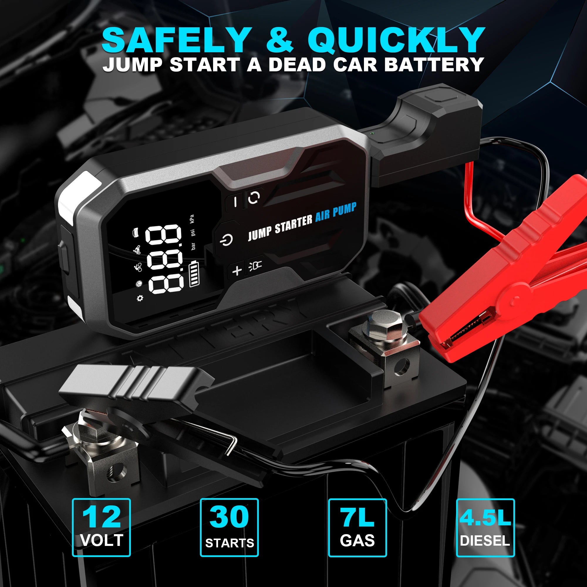 Portable 20000mAh 4000A Jump Starter with Air Pump – 150PSI Tire Inflator, LED Light & Power Bank for Car, Truck & Motorcycle