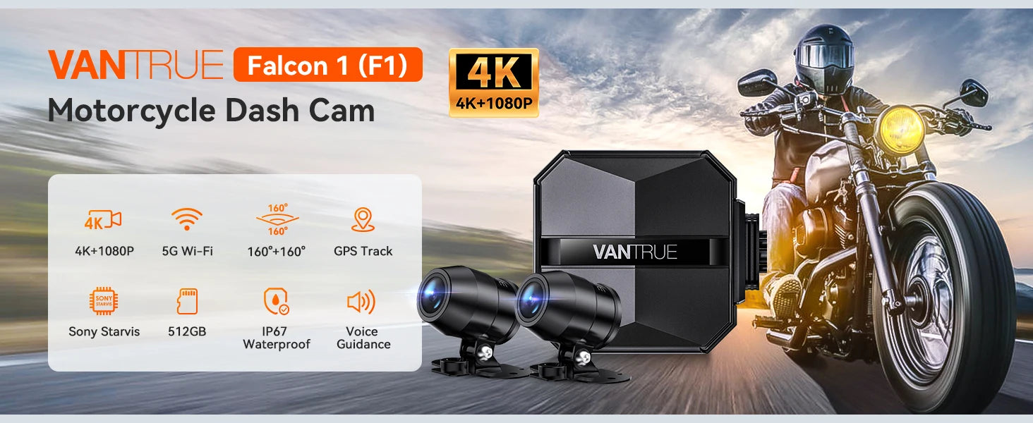 Vantrue F1 Motorcycle Dash Cam 4K Front 1080P Rear IP67 Waterproof WiFi GPS 160° 24H Parking Mode Wired Remote Motorcycle Camera DVR STARVIS OTA 18-Month Warranty